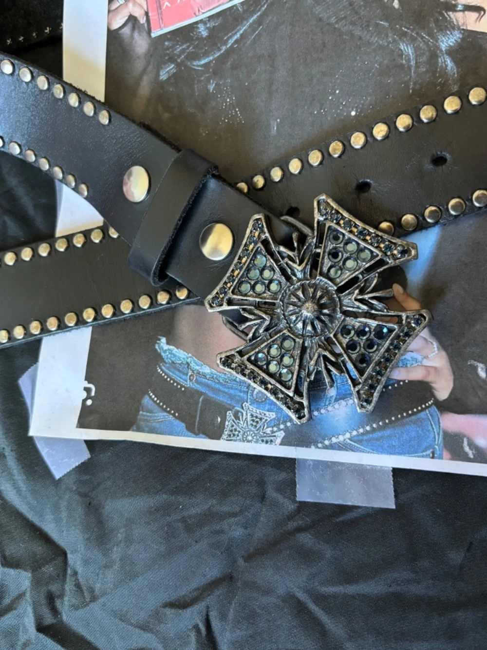 Vintage 2000s black leather studded cross belt